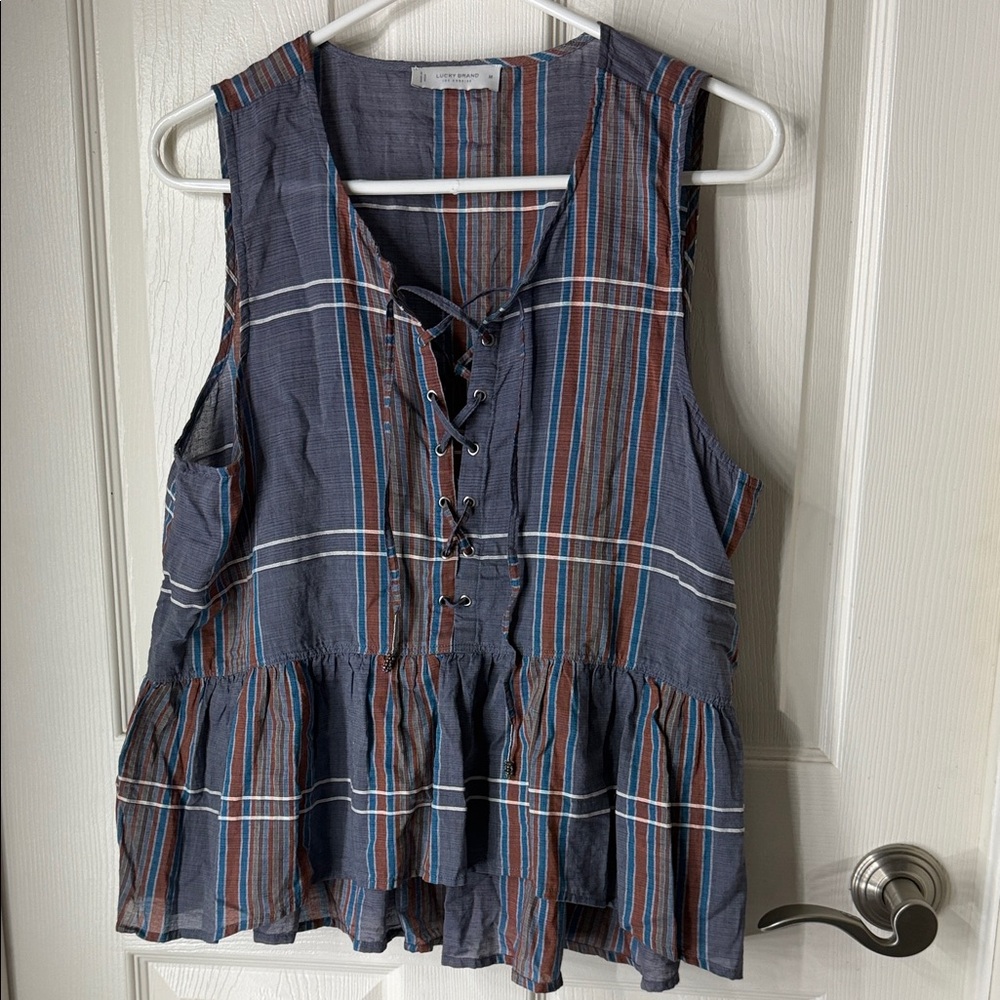 Lucky Brand Navy Blue Rust Striped Lace-Up Peplum Tank